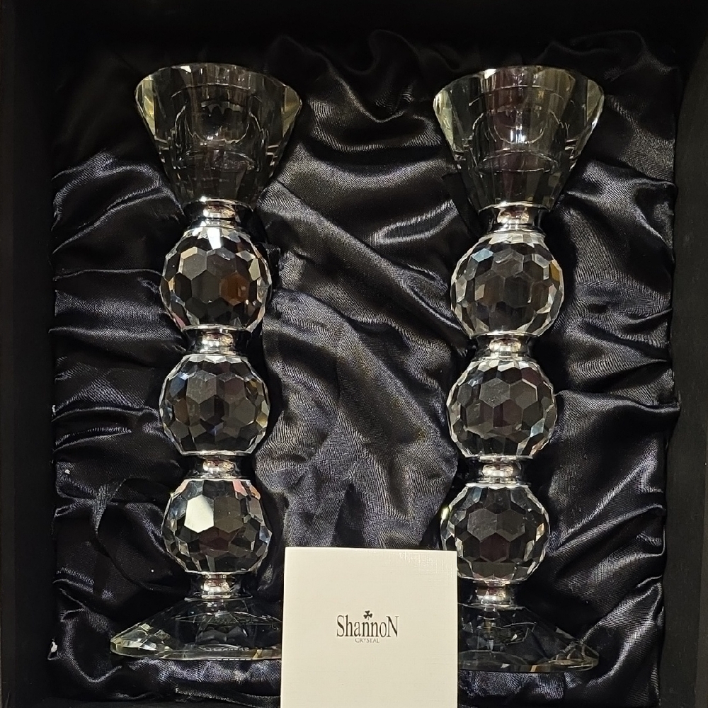 Shannon Afterglow Crystal Candlesticks Pair with Silver Accent Bands - Picture 1 of 13